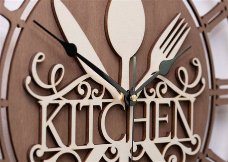 Dekoracyjny zegar ścienny KITCHEN wykonany ze sklejki, kolor orzech