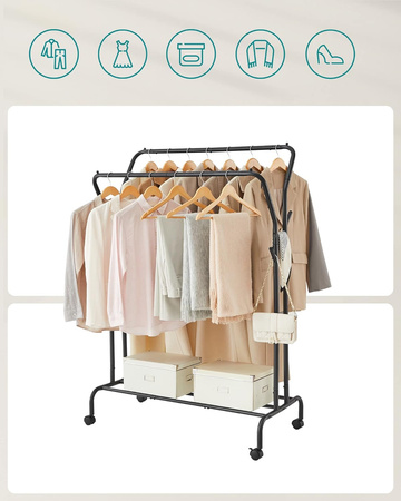 Czarny stojący wieszak na kółkach - Podwójny stojak na ubrania - SONGMICS HSR107B01