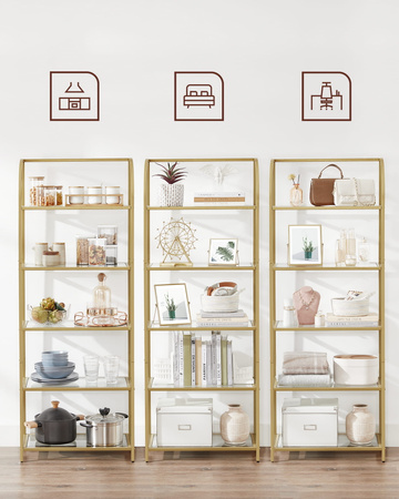 Złoty szklany regał do salonu Glamour - Metalowa 5-poziomowa połka - VASAGLE LGT051A61