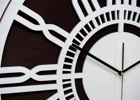 Nowoczesny zegar ścienny LOFTOWY wykonany z dwóch warstw sklejki, kolor biały, bejca wenge, ORNAMENTI