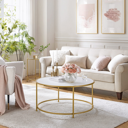 Złoty stolik kawowy z białym blatem - Okrągły stolik kawowy Glamour - VASAGLE LCT091A10