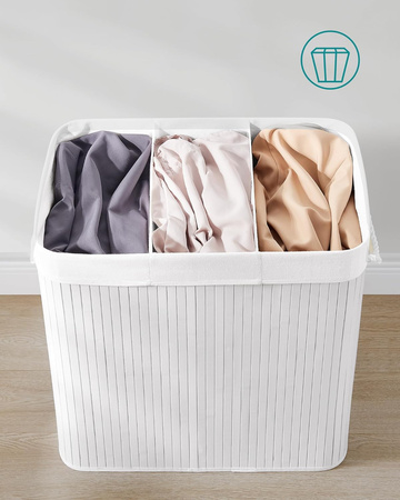 Biały bambusowy kosz na pranie 150l - 3 komorowy kosz na bieliznę - SONGMICS LCB091W01