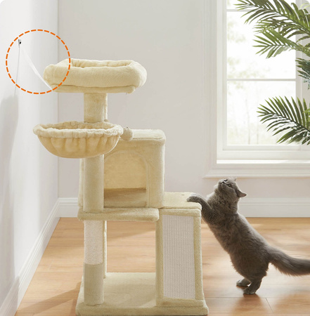 Beżowy drapak dla kota 96cm - Domek dla 2 kotów, legowisko i pompony PCT51MV1