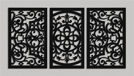 DEKORACYJNY TRYPTYK AŻUROWY, FLORELLE, DEKORACJA ŚCIENNA 3D, ORNAMENT, 80 x 150 cm, CZARNY