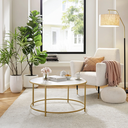 Złoty stolik kawowy z białym blatem - Okrągły stolik kawowy Glamour - VASAGLE LCT091A10