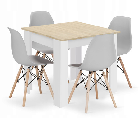 Praktyczny zestaw stół i 4 krzesła: Kwadratowy stół dąb sonoma 80x80 i 4 szare krzesła OSAKA