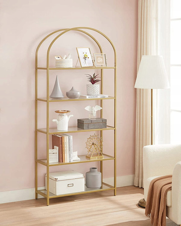 Złoty szklany regał do salonu Glamour - Metalowa 5-poziomowa połka - VASAGLE LGT050A01