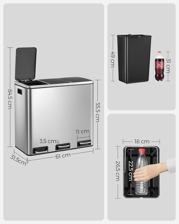 Kosz do segregacji śmieci - Duży kosz na śmieci stal nierdzewna - SONGMICS LTB54NL