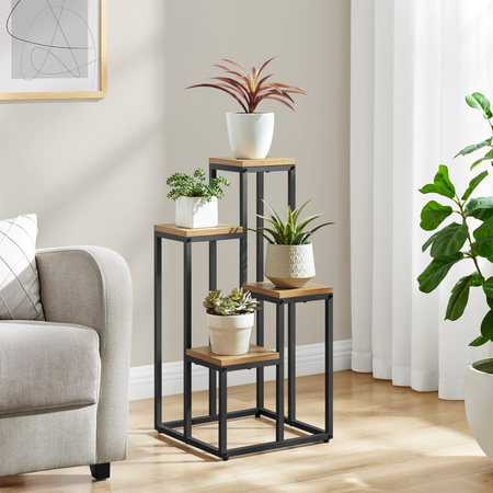 Metalowy stojak na kwiaty, loftowy kwietnik kaskadowy - czarny z 4 dębowymi półkami