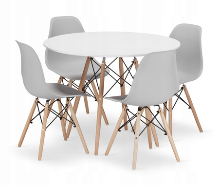 Skandynawski zestaw stół i 4 krzesła: Duży okrągły stół TODI 100cm i 4 szare krzesła OSAKA