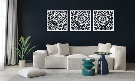 AŻUROWY TRYPTYK DEKORACYJNY, KWIATOWY WZÓR, PANELE AŻUROWE, DEKORACJA NA ŚCIANĘ, CZARNY