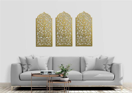 DEKORACYJNY PANEL AŻUROWY, OKNO MAROKAŃSKIE, DEKORACJA ŚCIENNA 3D, ORNAMENT, TRYPTYK , ZŁOTY