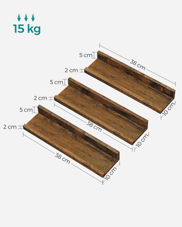 Brązowe rustykalne półki ścienne - Zestaw 3 półek ściennych - VASAGLE LWS038T01