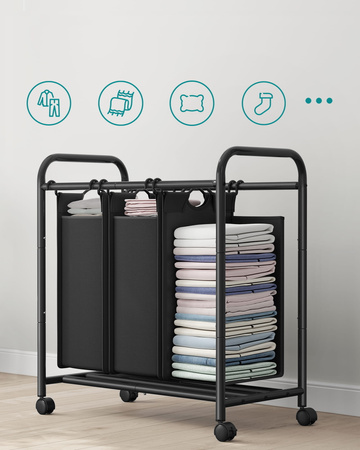 Czarny kosz na pranie na kółkach - Mobilny 3-komorowy kosz na bieliznę - SONGMICS LSF003B