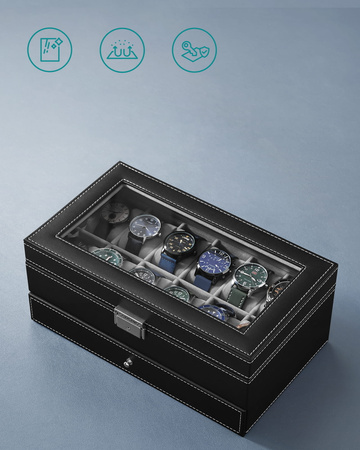 Czarne pudełko na zegarki z szufladą - Szkatułka na zegarki 12x - SONGMICS JWB012G01V1