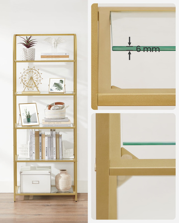 Złoty szklany regał do salonu Glamour - Metalowa 5-poziomowa połka - VASAGLE LGT051A61