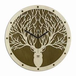 Okrągły, ażurowy zegar ścienny JELEŃ w kolorze naturalnego drewna, ORNAMENTI