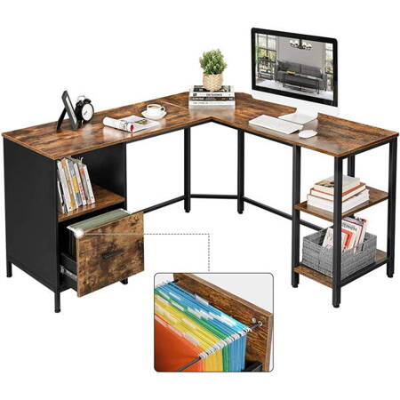 Narożne biurko z półkami i szufladą - Industrialne duże biurko do rogu - VASAGLE LWD75X-1